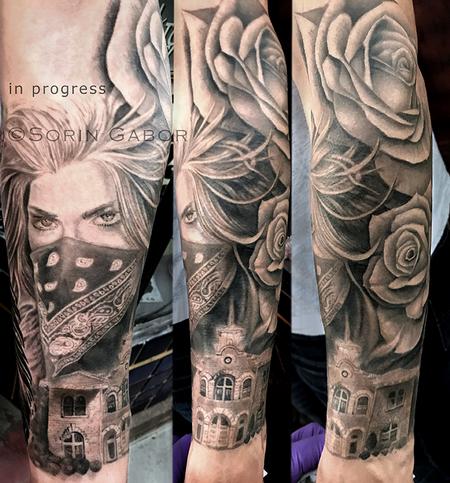 Tattoos - realistic black and gray girl face w/bandana, roses, and Sonoma City Hall building tatoo sleeve - 131425